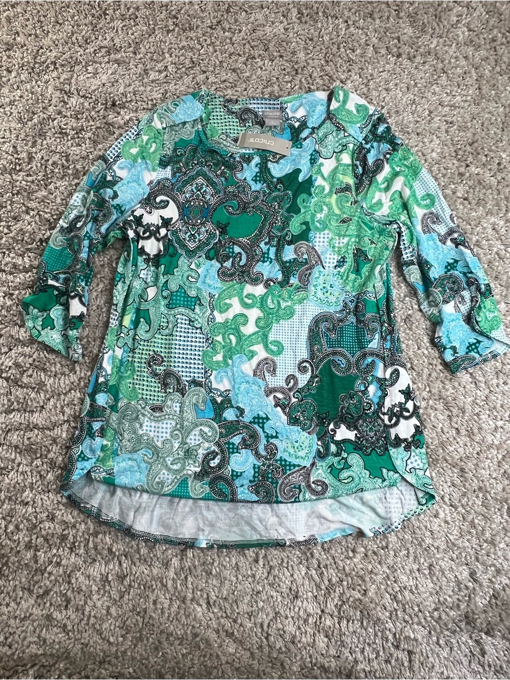 Chico's Green & Blue Paisley V-Neck High-Low Tunic